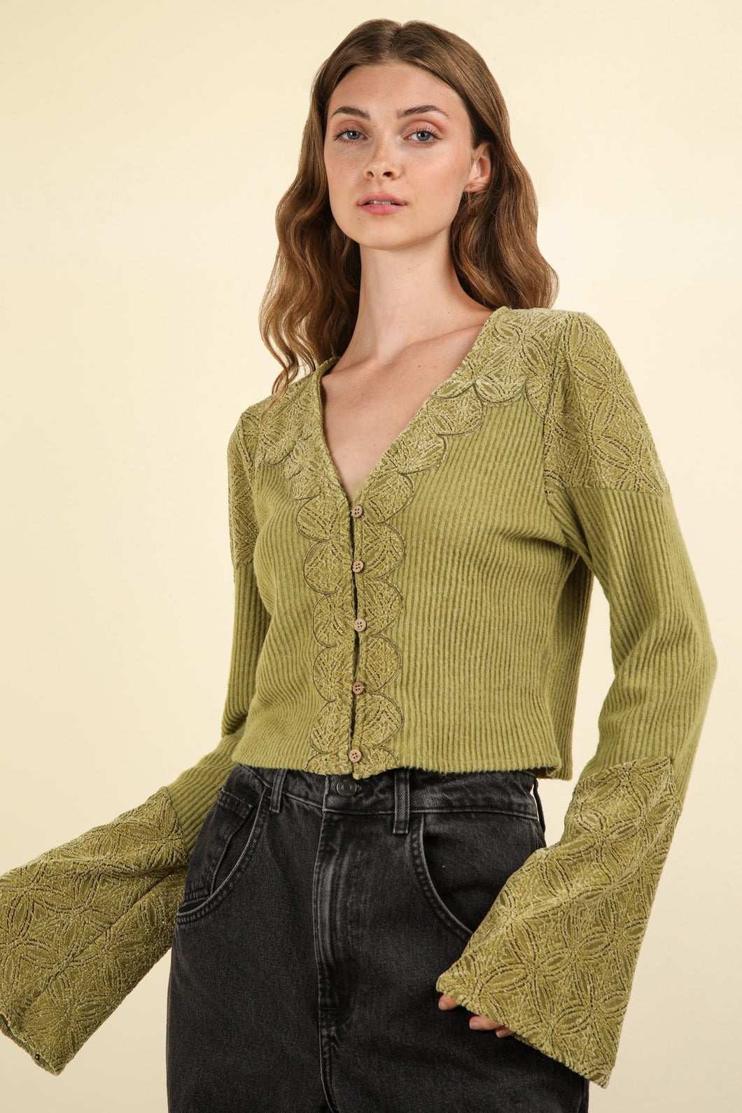 Destiny- V-Neck Contrast Lace Detail Button Down Knit Top