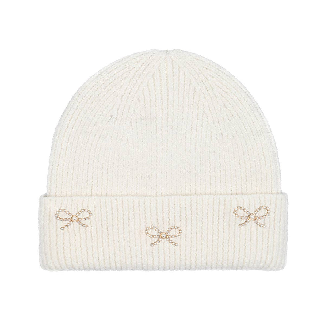 Pearl Bow Embellished Cuff C.C Beanie (Multiple colors)