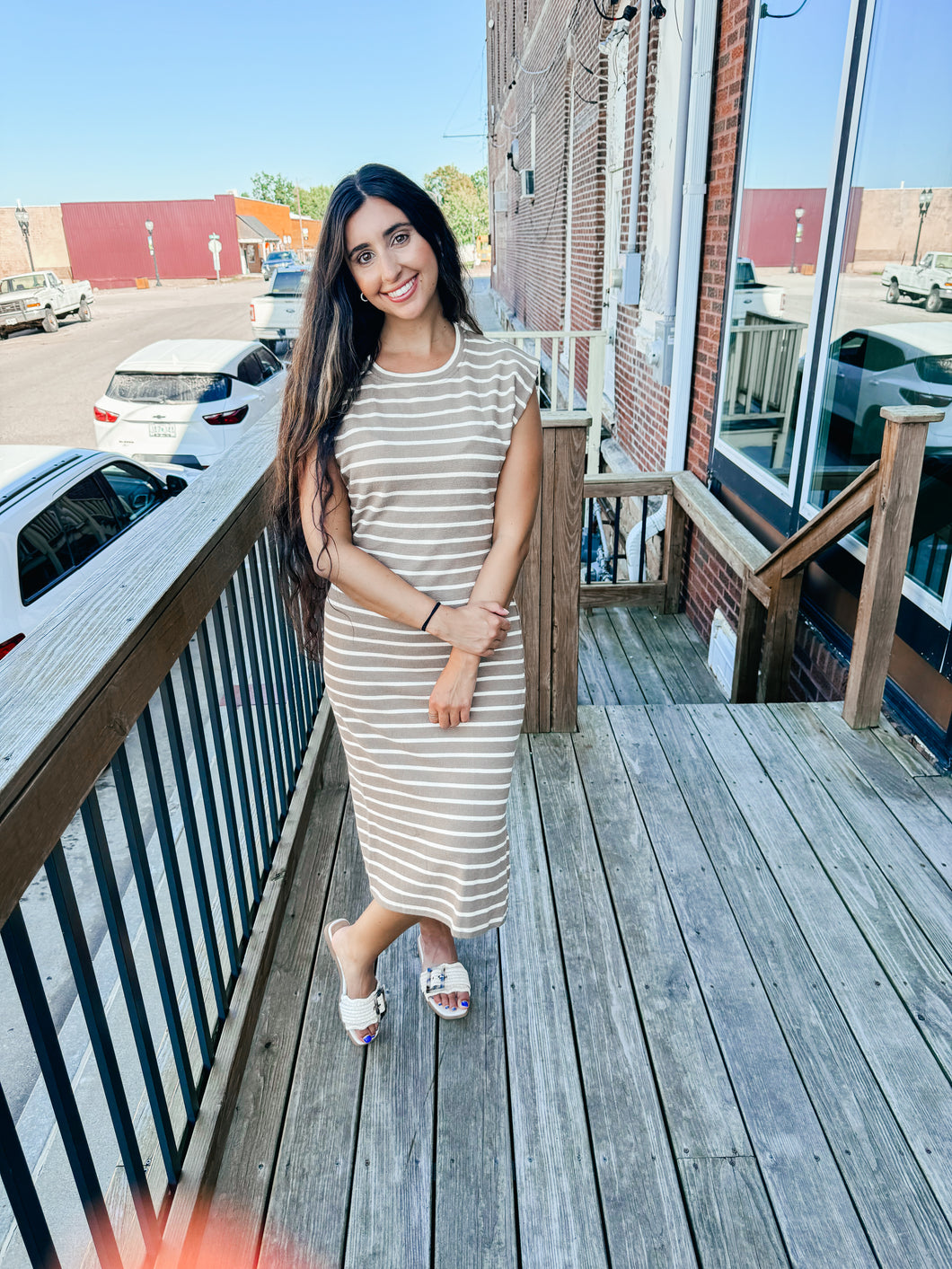 Kara- Stripe Cap Sleeve Midi Dress