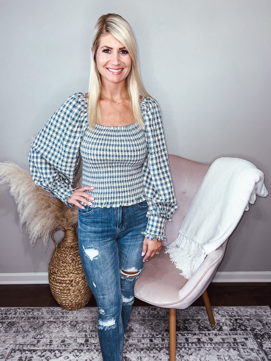 Carolina- Gingham Square Neck Smocked Top